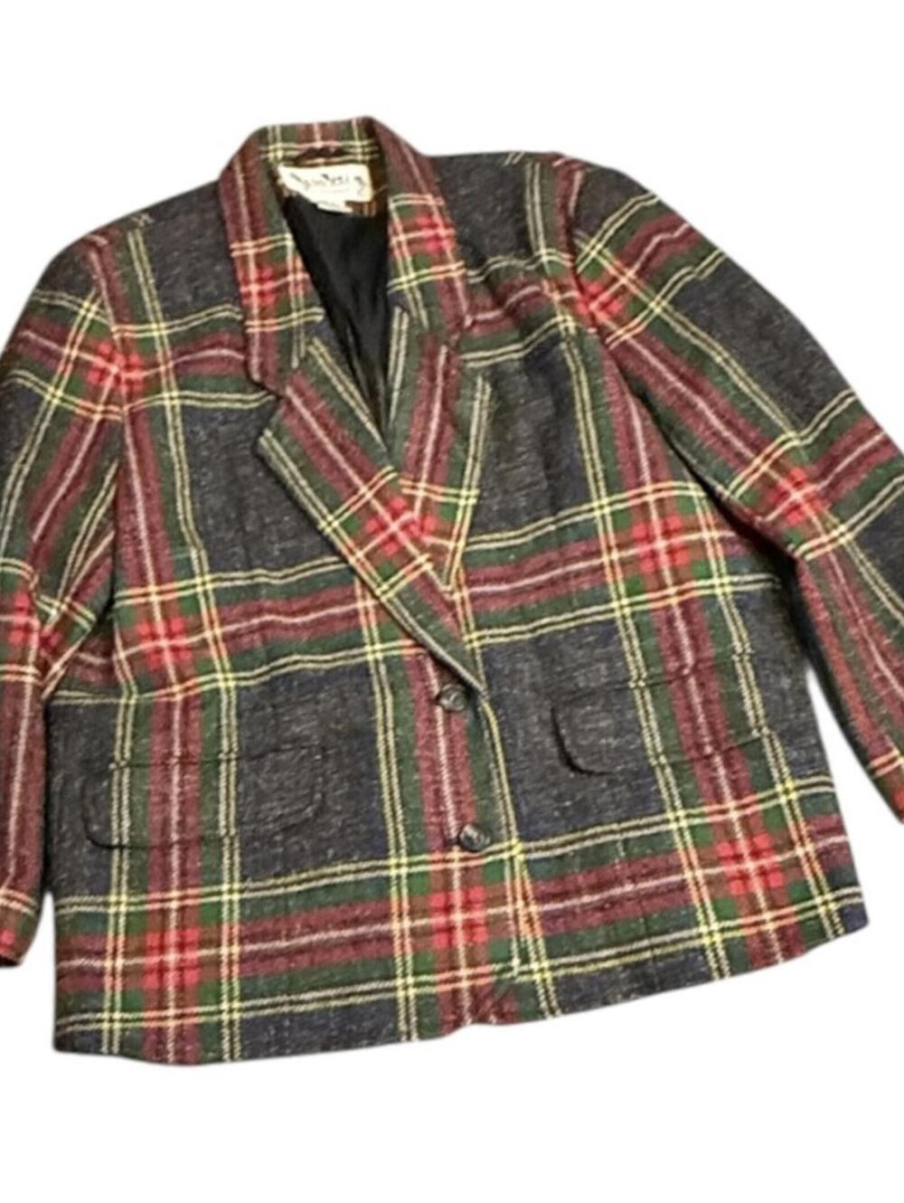 Brass Plum vintage 90s plaid wool blazer S red green check tailored  jacket